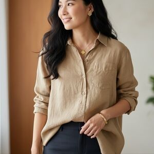 Lauren Ralph Lauren Women's Linen Beige 1/2 Button Up Tunic Shirt PS